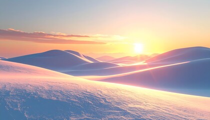 Wall Mural - Serene sunset over snow-covered hills, casting soft shadows and hues in a tranquil winter landscape