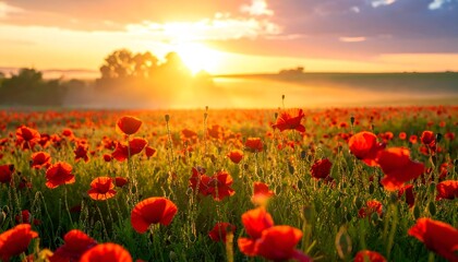 Wall Mural - Vibrant sunset over a field of poppies, with mist rising and trees silhouetted in the background
