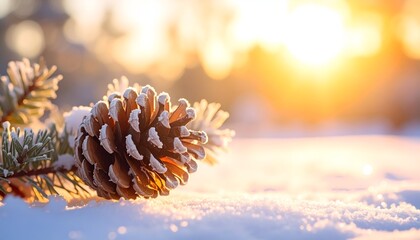 Wall Mural - A close-up of a snow-covered pine cone resting on glistening snow with a warm sunset in the background