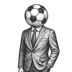 Wall Mural - man wearing a formal suit with a soccer ball for a head, blending surrealism with sports and business themes sketch engraving generative ai vector illustration. Scratch board. Black and white image.