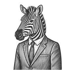 Wall Mural - zebra businessman dressed in a formal suit and tie, sketch engraving generative ai fictional character vector illustration. Scratch board imitation. Black and white image.