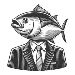 Wall Mural - man in a suit with a large fish head, blending business imagery with artistic fantasy sketch engraving generative ai fictional character raster illustration. Scratch board imitation. Black and white.