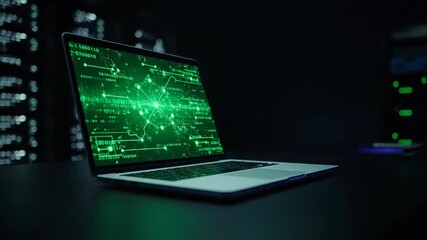 Wall Mural - Laptop with green glowing digital data processing lines and binary code in a dark server room, cyberpunk technology footage.