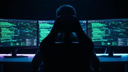A male hacker working at night in a dark room with multiple monitors displaying lines of data and code on screens, footage