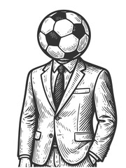 Wall Mural - man wearing a formal suit with a soccer ball for a head, blending surrealism with sports and business themes sketch engraving generative ai raster illustration. Scratch board. Black and white image.