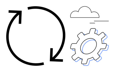 Rotating arrows forming a loop next to a gear and cloud. Ideal for workflow, automation, innovation, process optimization, cloud technology, system upgrade, and creativity. Simple flat metaphor