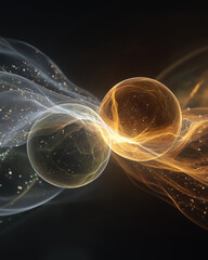 Wall Mural - Energy Spheres Collision: A stunning digital artwork features two glowing spheres colliding amidst waves of energy, depicting the captivating fusion of light and matter