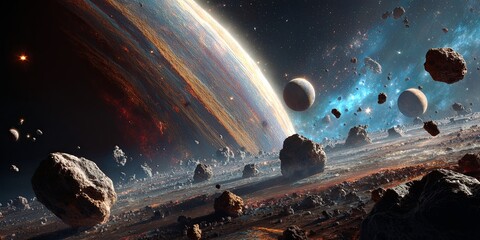 Wall Mural - Vast Universe Scene with Planets, Asteroids, and Space Elements Captured in Stunning High-Resolution Detail for Inspiring Cosmic Artwork and Backgrounds