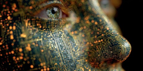 Wall Mural - Abstract digital human face silhouette created with binary code and circuit patterns representing artificial intelligence and technology in a futuristic concept