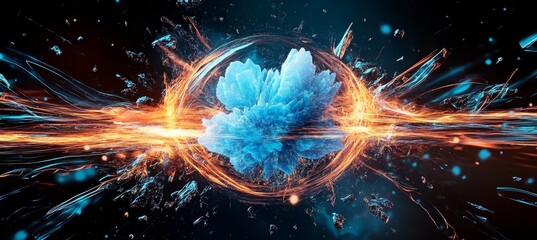 Canvas Print - Dynamic Abstraction of Conceptual Particle Collision with Intense Energy and Blue Light Eruption