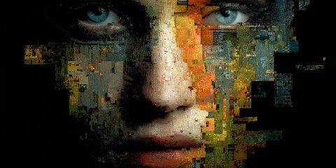 Wall Mural - Digital Human Face Transformation Depicted Through Abstract Pixelated Art and Vivid Fragmentation Against a Dark Background