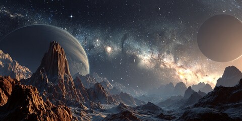 Wall Mural - Stunning Outer Space Artwork Featuring Planets, Cosmic Clouds, and Stellar Light in a Vivid Galaxy Scene with Dark Rocky Formations