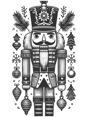 Wall Mural - nutcracker soldier surrounded by Christmas ornaments, pine branches, poinsettias, and a wrapped gift sketch engraving generative ai raster illustration. Scratch board imitation. Black and white image.
