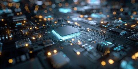 Wall Mural - Abstract digital circuit board with glowing lights and microchip in high-tech futuristic environment, showcasing innovation and technology advancements