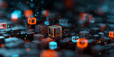 Wall Mural - Abstract digital landscape featuring glowing cubes and bright neon lights against a dark background, perfect for technology and innovation themes