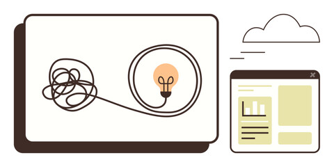 Tangled wire leads to glowing light bulb next to a browser window and cloud element. Ideal for innovation, creativity, organization, problem solving, digital planning, strategy, technology. Simple