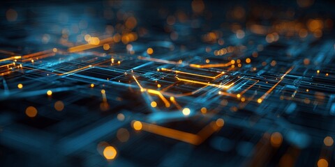 Wall Mural - Futuristic digital technology background with abstract geometric shapes, lines, and glowing circuits representing data connections and innovation.