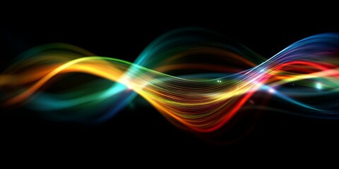 Wall Mural - Abstract wave patterns combined with colorful light beams creating a dynamic visual of energy and motion in a dark background setting