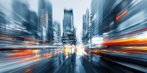 Wall Mural - Futuristic cityscape with blurred motion, vibrant colors, and digital overlay showcasing technology, speed, and innovation in urban transportation systems