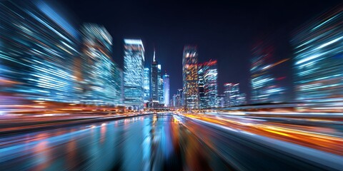 Wall Mural - Futuristic cityscape with blurred motion, vibrant colors, and digital overlay showcasing technology, speed, and innovation in urban transportation systems