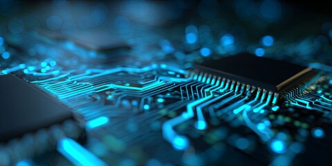 Wall Mural - Abstract Digital Technology Background with Neon Blue Data Structures and Circuit Patterns for High-Tech Presentations and Media Projects