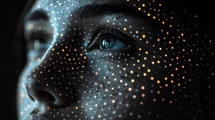 Explore the concept of digital identity by portraying a human face with an aura of algorithmic patterns