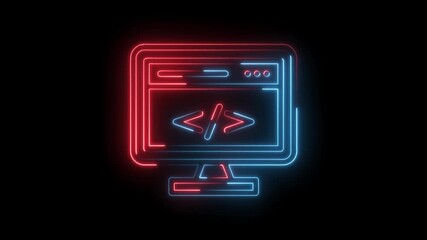 Neon coding monitor icon animation symbolizing software development and web technology on black background