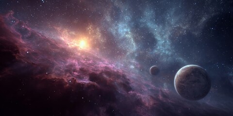 Wall Mural - Mysterious Celestial Scene with Colorful Nebulae, Glowing Planets, and Starry Background in Deep Space