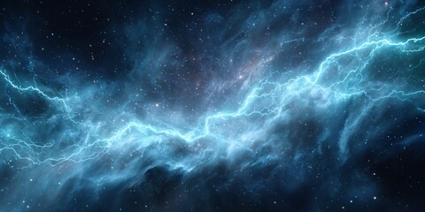 Wall Mural - Stunning Blue Lightning in Cosmic Space with Stars and Nebulae, Dramatic Atmosphere, Abstract Background for Sci-Fi or Fantasy Designs