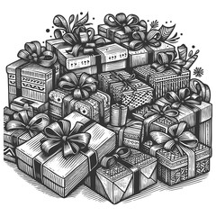 Wall Mural - pile of decorated gift boxes tied with ribbons and bows, symbolizing celebration, holidays, and giving sketch engraving generative ai raster illustration. Scratch board imitation. Black and white.