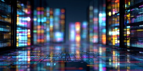 Wall Mural - Abstract Data Visualization With Coding Elements and Colorful Light Effects in Modern Server Room Environment