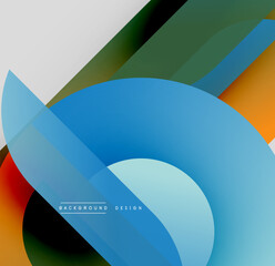Wall Mural - Abstract geometric shapes overlap. Blue dominates, accented by orange, red, green, white. Modern design elements create dynamic composition.