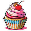 © Kanica - Stylized cupcake features swirling pink frosting and a bright red cherry on a white background