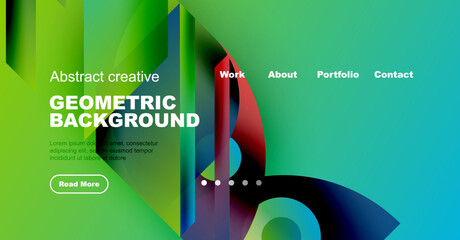 Wall Mural - Vibrant geometric design. Modern website header with text, buttons, gradients. Colorful abstract shapes create dynamic visual impact.