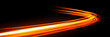 © Mariquita vector - Light speed trail. Curved glowing orange and yellow wave on black background. Dynamic energy lines with motion blur and bright central beam. Futuristic abstract vector illustration.