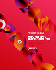 Wall Mural - Abstract geometric shapes dominate red background. Text promotes creative design, includes read more button. Vibrant colors present modern aesthetic.
