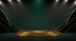 © aminsmart - Elegant golden podium stage on a dark green background with spot lights for product presentation