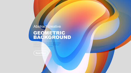 Wall Mural - Abstract geometric background features vibrant orange, yellow, blue layers. Modern design with text elements, button visible.