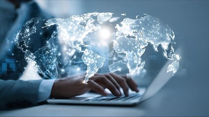 Digital technology, internet global network communication technology concept. Business man using laptop computer with global internet network connection, smart city as background, data exchange