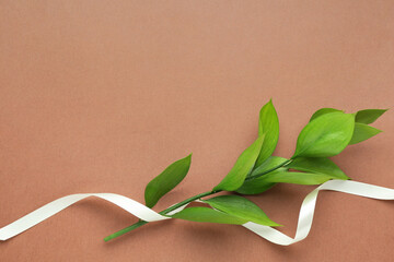 Wall Mural - Beautiful beige ribbon and green leaves on light brown background, flat lay. Space for text