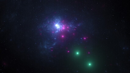 Wall Mural - Bright clusters of stars and vibrant nebulae illuminate the dark expanse of space. Colored lights create a stunning display against the backdrop of the universe. 3d render