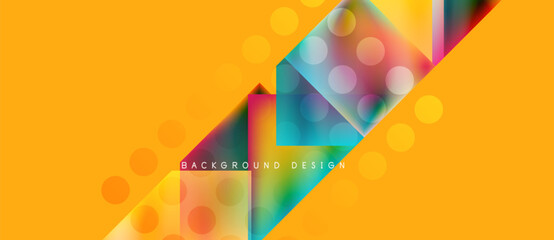 Wall Mural - Abstract geometric shapes, vibrant colors, dynamic composition. Yellow background features overlapping triangles, squares, circles. Modern design element.