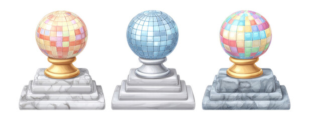 Wall Mural - Colorful Decorative Globes on Elegant Stands with Marble Base Isolated Image