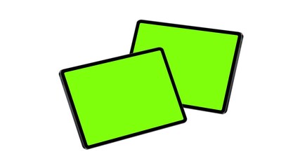 Wall Mural - Animated mockup of two tablets with green chroma screens in side perspective view. Perfect for app, UI, and web design presentations, digital marketing, and product showcases