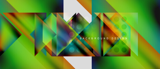 Wall Mural - Abstract geometric design. Vibrant green, orange, blue hues blend. Modern background with triangular shapes, gradients, text overlay.