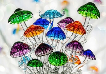 Colorful glass mushrooms isolated on transparent background isolated on transparent background