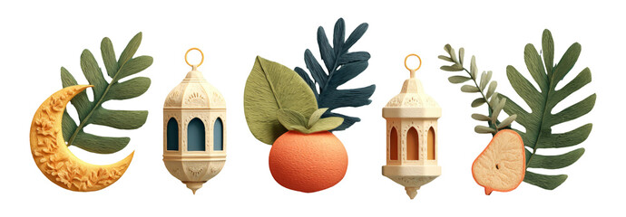 Wall Mural - Colorful Decorative Objects with Leaves and Shapes on Transparent Background