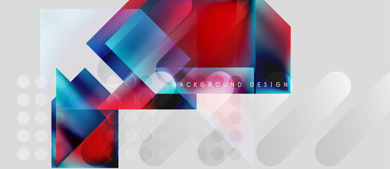 Wall Mural - Abstract geometric shapes, vibrant colors, modern design. Overlapping squares, circles create dynamic composition. Light gradients, white background.