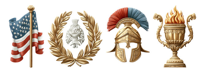 Wall Mural - Vintage Military Emblems with American Flag, Laurel, Helm, and Trophy