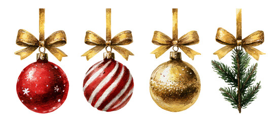 Wall Mural - Four Festive Christmas Ornaments with Gold Bows and Green Branch